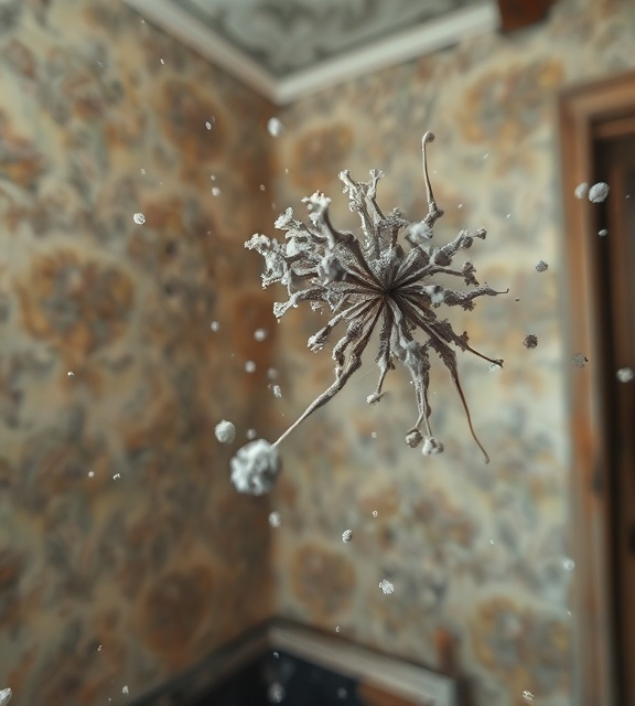 visible mold spores, detailed close-up, floating mid-air, photorealistic, in an old room with decaying wallpaper, highly detailed, subtle air currents, ultra close-up shot, white and grey coloration, diffused lighting, shot with a 200mm macro lens